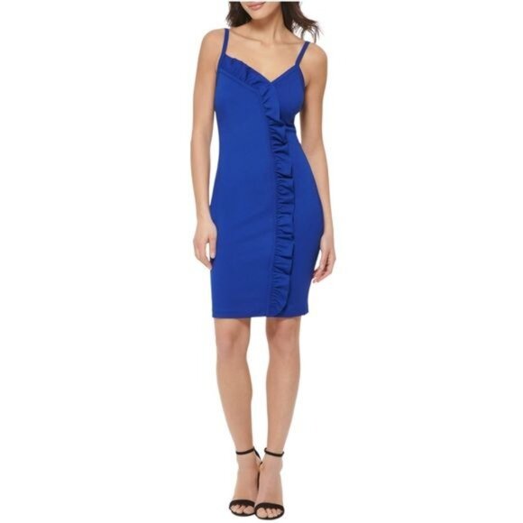 New GUESS Ponte Ruffle Sheath Dress in Royal Blue Size 12 - Picture 3 of 12